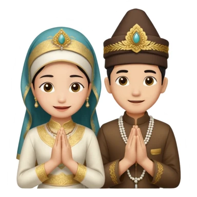 javanese person with shy smile (male) with blangkon hat and prayer hand, and also a javanese bride with sanggul and a shy smile sticker