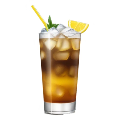 a tall and thin highball cocktail with 2 colors, brown on the bottom and light yellow on top with crush ice and a straw, juste one drink, clear separation between colors sticker