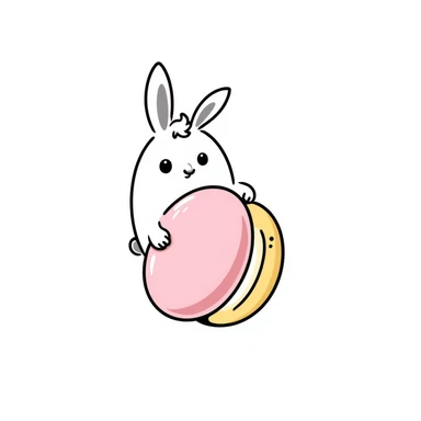 chibi bunny holding a giant macaron, soft pink background, pastel dessert theme, adorable illustration sticker