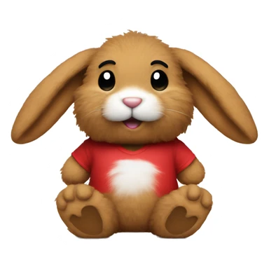 Fluffy brown rabbit toy, long floppy downwards ears, wearing red tshirt  sticker