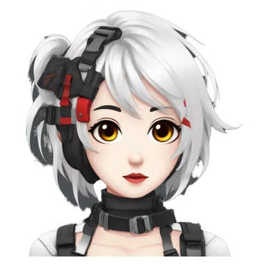 Gorgeous techwear anime style lady with blushing face aesthetic and pretty edgy black red white punk messy hair with collar and harness trending style sticker