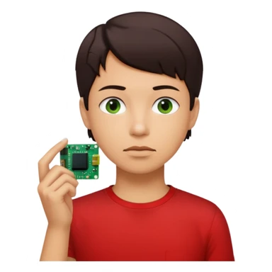 A young person wearing a red T-shirt indoors, short dark hair, holding a small green electronic circuit board near the mouth in a thoughtful pose. Warm natural lighting, window with blinds in the background, casual tech-inspired vibe. sticker