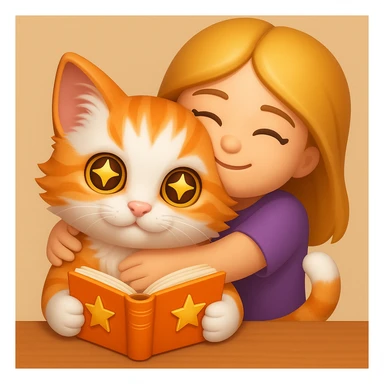 A kitten sitting at a table holding a book with stars in its eyes, and a girl hugging him from behind, emoji style. sticker