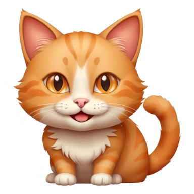 A cheerful, smiling cat with bright, sparkling eyes, slightly tilted head, and a playful expression. The cat has soft, fluffy fur and a small, curved tail. The background is simple and minimalistic, emphasizing the cat's joyful demeanor. sticker
