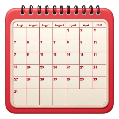 a monthly calendar labeled “August,” with rounded square date boxes, scalloped border frame, playful red doodle lines, and a cozy planner vibe. Minimal kawaii style, flat pastel color palette, slightly imperfect sketch lines, centered object, no background sticker