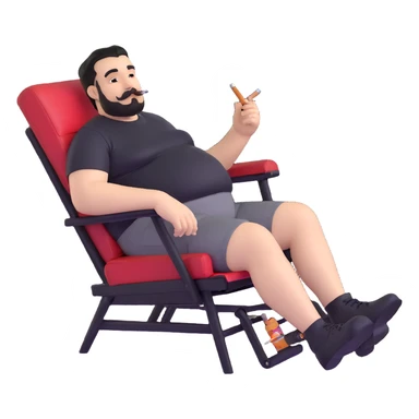Large man reclining in chair, legs spread, smoking a cigarette, round face, very short black hair, well-groomed beard with mustache, light skin, black t-shirt with light stripes at top riding up to show belly, black shorts, arms covered in black graphic tattoo patterns with designs visible on forearms and shoulders sticker