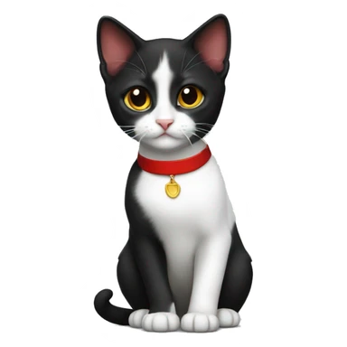 Tuxedo kitten with a red collar sticker