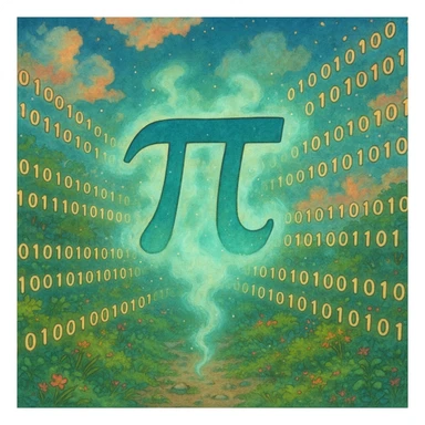  combine the π (pi) math symbol, binary code, and digital mist emerging from it. sticker