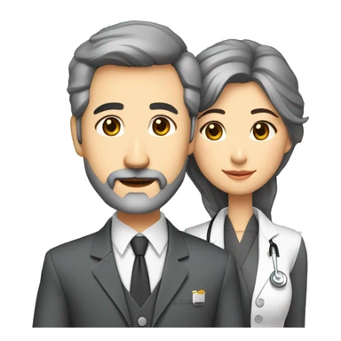 husband preacher middle age dark gray hair trimmed beard business suit, with wife asian age 55 dark hair nurse uniform sticker