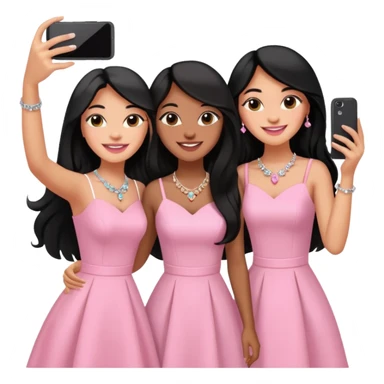 Just 3 besties with professional glammed up looks wearing pink and white, medium skin tone smiling big with black long hair. Very girly wearing jewelry, taking a selfie  sticker