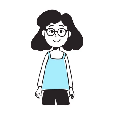 a light brown girl with long eyelashes, black medium hair, clear glasses, wearing a cute light blue tank top with spaghetti straps, hand drawn doodle style sticker