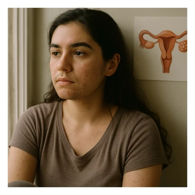 Create a soft and realistic portrait of a young woman with PCOS sitting by a window with natural light highlighting her faint facial hair and acne scars. The image should have a shallow depth of field and resemble 8 DSLR-style photos, raw and unfiltered. Include a subtle reference to polycystic ovaries inspired by the provided medical illustration. The style should be natural and photographic, focusing on authenticity and gentle lighting. sticker