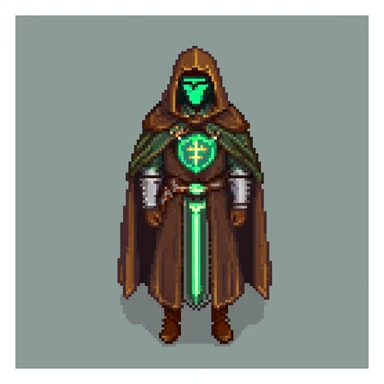 S'pht compiler from Marathon M1 (1994) wearing a brown cloak, green glowing light, metallic mantle with prominent pauldron, retro pixelated style, nostalgic slightly faded polaroid effect sticker