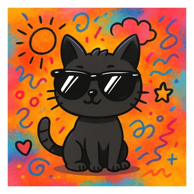 Add a vibrant, colorful background behind the cat wearing sunglasses, keeping the doodle style look and feel. sticker