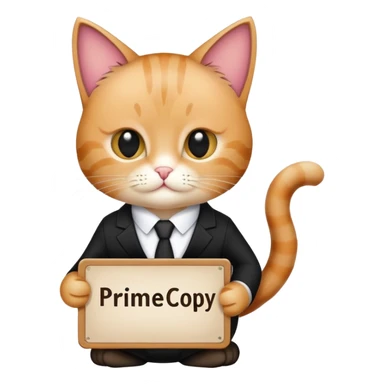 Cat in a black suit holding a sign with the inscription “PrimeCopy” sticker