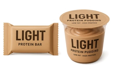 BARRETTA PROTEICA CON LA SCRITTA "LIGHT" SULL'ETICHETTA E BUDINO PROTEICO CON LA SCRITTA "LIGHT" SULL'ETICHETTA, IPERREALISTICA 4K sticker