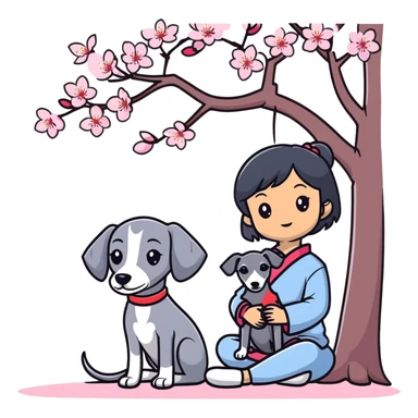 A young Chinese girl with long black hair and a dark grey Italian Greyhound with absolutely no white marks on its body or nose sitting under a cherry blossom tree sticker