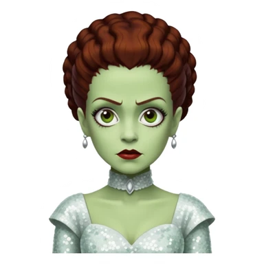 Bride of Frankenstein from Universal Monsters with pale greenish skin, dark auburn hair, white sequin outfit sticker