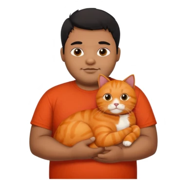 Indian black chubby guy with black hair in red t-shit with orange cat sticker