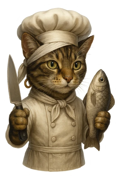 Make the cat chef normal cat colors, but keep the earring gold. The cat is holding a knife and a fish, wearing a bandana, with no background. Maintain the original style and details as much as possible. sticker
