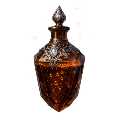 luxurious crystal elixir bottle in coffee bottle shape, rich coffee brown color, bubbling effect inside, ornate silver and iridescent details, magical glowing and sparkling effects, very small neck, seamless bottom, transparent background, bottle clearly floating in air, no base or shadow, modern, collection style sticker
