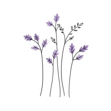 Lilac flowers with branches and leaves in pastel colors (dd9fb0, ffc6d3, a3bfc9, c4bee2, f1b091), hand-drawn doodle style sticker