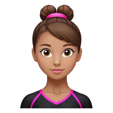 A female gymnast with brown hair in a neat bun, wearing a black uniform with neon pink elements. sticker