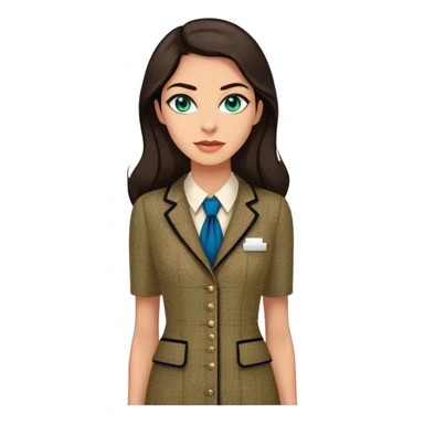 a 30 year old female venture capitalist with 50% greek and 50% american genes, 6 ft tall, long dark brown hair and blue/green eyes, wearing a chanel tweed professional dress, tan skin (make teh eyes a little less bright) sticker