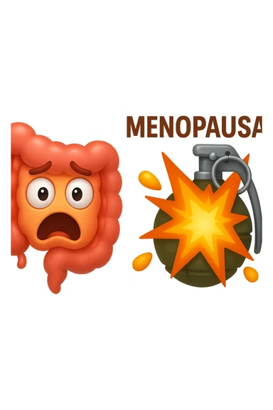 EMOJI STILE IPHONE 3D DI INTESTINO 3D CON ESPRESSIONE SPAVENTATA IN VOLTO MENTRE ACCANTO A LUI SCOPPIA UNA GRANATA 3D CON LA SCRITTA "MENOPAUSA" SOPRA, FAGLI ANCHE LA PARTE BIANCA DEGLI OCCHI, NON SOLO LA PUPILLA sticker