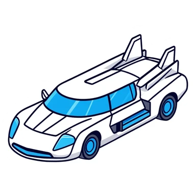 Retro-futuristic hover car inspired by the DeLorean, gullwing doors, silver metallic body with blue-tinted windows, stylized jet boosters in the back, flat vector style, outlined shapes, minimal design sticker