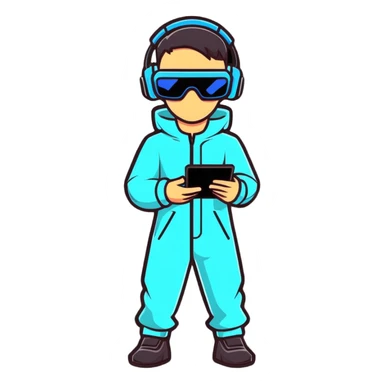 Futuristic human wearing sleek jumpsuit with tech gadgets, augmented reality glasses, and glowing accents sticker