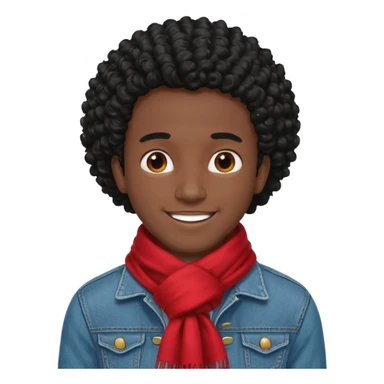 black skin man, curly black hair wear red scraft, jean jacket sticker