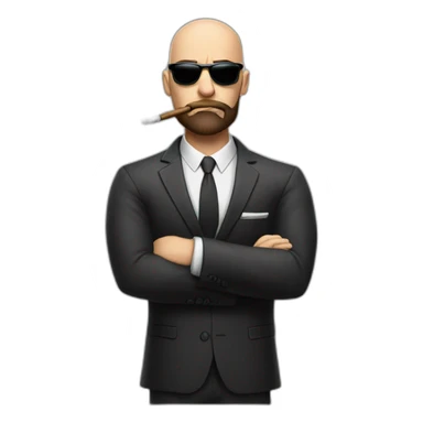 Bald muscular man with brown beard and sunglasses smoking cigar angry face in suit sticker