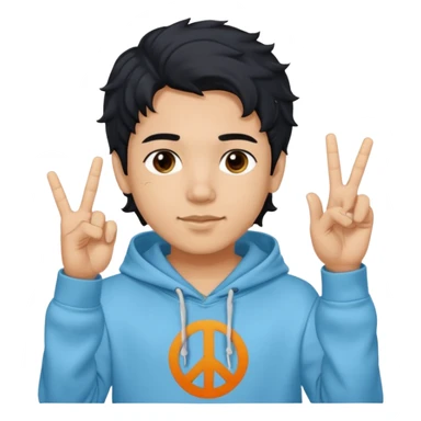 An indian boy in a light blue hoodie with wavy flow hairstyle showing peace sign, with black hair color sticker