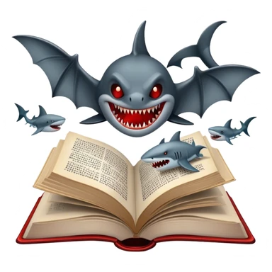 Icon for Horror & Mystery Reading: an open book with eerie glowing symbols, from which rise vampire Dracula with fangs, flying bats, a zombie hand, and a lurking shark with sharp teeth. Surrounding elements. Transparent background. sticker