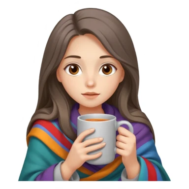 Brown-eyed, fair-skinned girl with long hair down to her shoulders, wrapped in a gray blanket, drinking from a New Year's mug sticker
