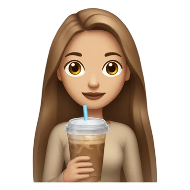 Beautiful woman, straight long light brown hair, brown eyes, cozy holding an iced coffee sticker