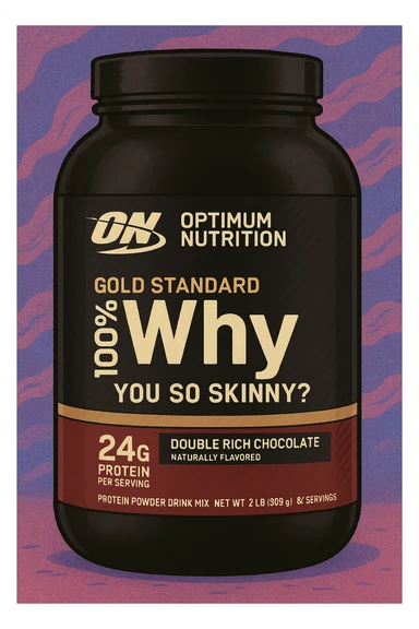Style this image of protein jar in the GPT style. Change the inscription “WHEY” to ‘Why’ and add “you so skinny?” in a smaller font. sticker