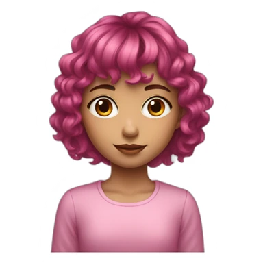 A young girl with dark pink medium length wavy hair and a fringe sticker