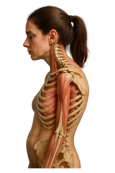 corpo umano anatomico di una donna di profilo con postura errata e spalle curve in avanti
IPERREALISTICO 4K sticker