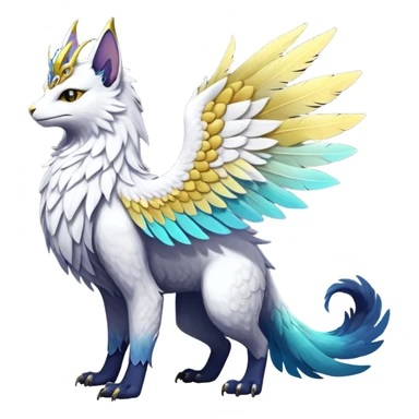 White Iridescent Colorful Exotic White, Gold, Yellow, Silver, Beaked Feathery Nocturnal Neon-glowing Abyssal Lightly Heaven-Cat-Gryphon-Suicune-Nargacuga-Silvally-Vernid-Sergal-Fakémon-Hybrid-Creature with tufted tail (full body) sticker