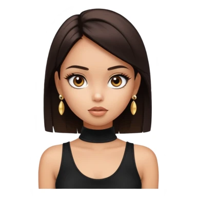 generate a pretty bratz girl in black cami top, dark brown straight short hair, eyeliner on. dark brown eyes. Wearing a white sleeveless turtleneck, gold stud earrings sticker