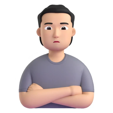 Asian man in a gray shirt with a frown sticker