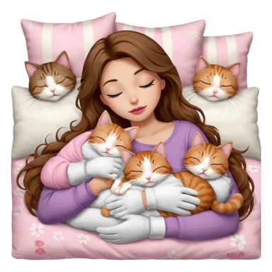 girl with long wavy brown hair, brown eyes, long lashes makeup, sexy pink lips, light to medium complexion,  sleeping on a cozy pillow, with 6 cats: 1 brown and white tabby cat, 1 ginger and white, 2 grey and white, 1 grey with white mittens and small white patch on chest and 1 calico, sleeping sticker
