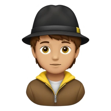 boy with fluffy brown hair wearing a black hat with yellow accents sticker