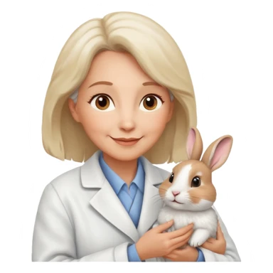 Older female vet – gentle smile, coat, checking rabbit  sticker