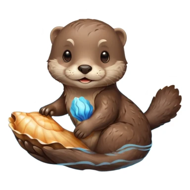 adorable otter floating on clearly visible blue water with waves, holding a shell sticker