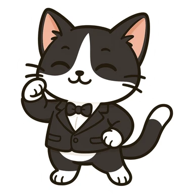 Make this cat a tuxedo cat with black and white fur, keep the playful chibi sticker style, with no background. sticker