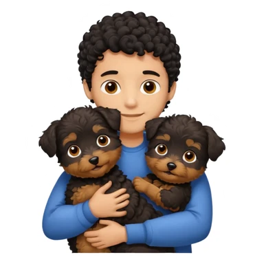 Young man with little brown skin, black curly hair, cheerful dark brown eyes, hugging two yorkiepoo sticker