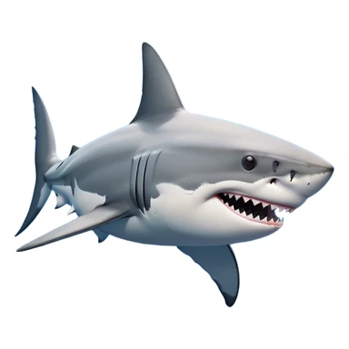 Cinematic Noble Great White Shark Portrait Emoji, Poised and regal, with a robust, torpedo-shaped body, a pointed snout, a gleaming white underbelly contrasting with a slate gray dorsal surface, and piercing, intense eyes scanning deep blue waters, Simplified yet sharp and sophisticated features, highly detailed, glowing with a cool, oceanic luminescence, high shine, intelligent and commanding, stylized with an air of marine authority, focused and vigilant, soft glowing outline, capturing the essence of a watchful and confident predator that appears ready to surge out of the screen with effortless power! sticker
